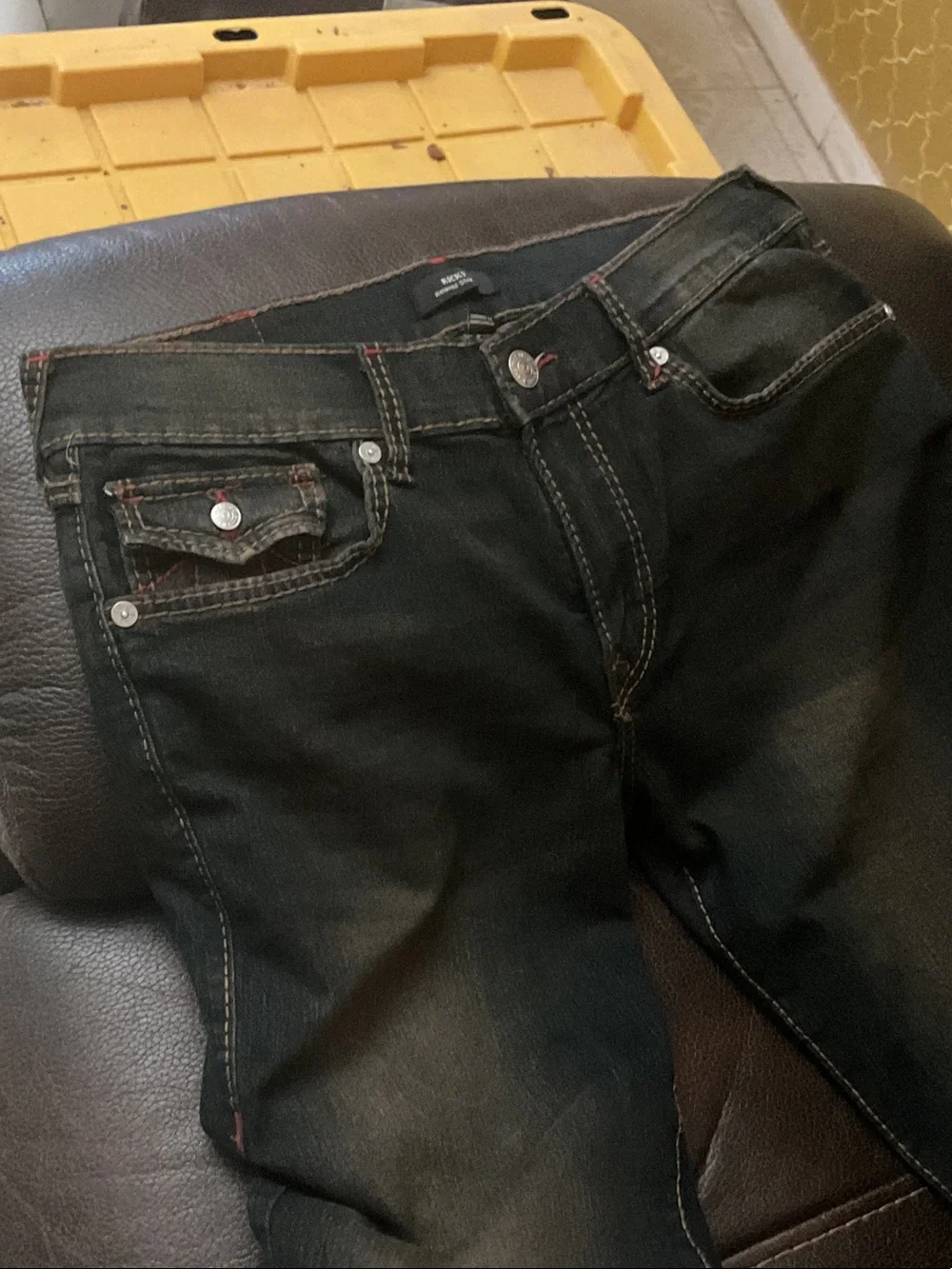 True Religion Men’s Dark Wash Jeans with Red Stitching